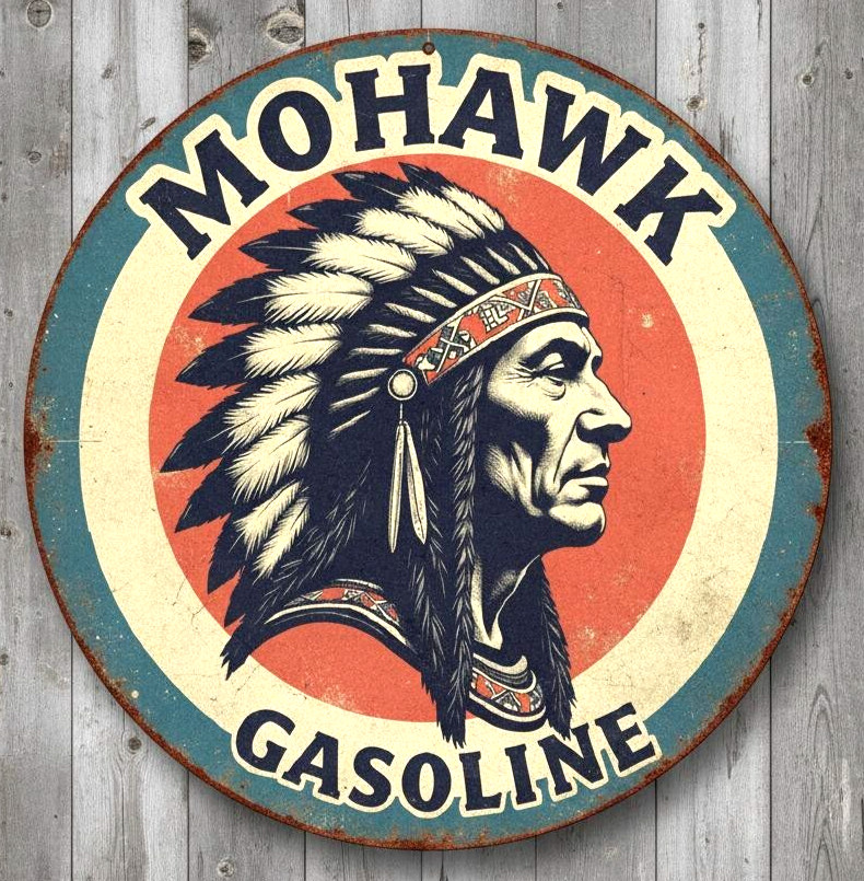 Mohawk Gasoline 8″ Diameter Vintage Novelty Metal Sign Made In USA