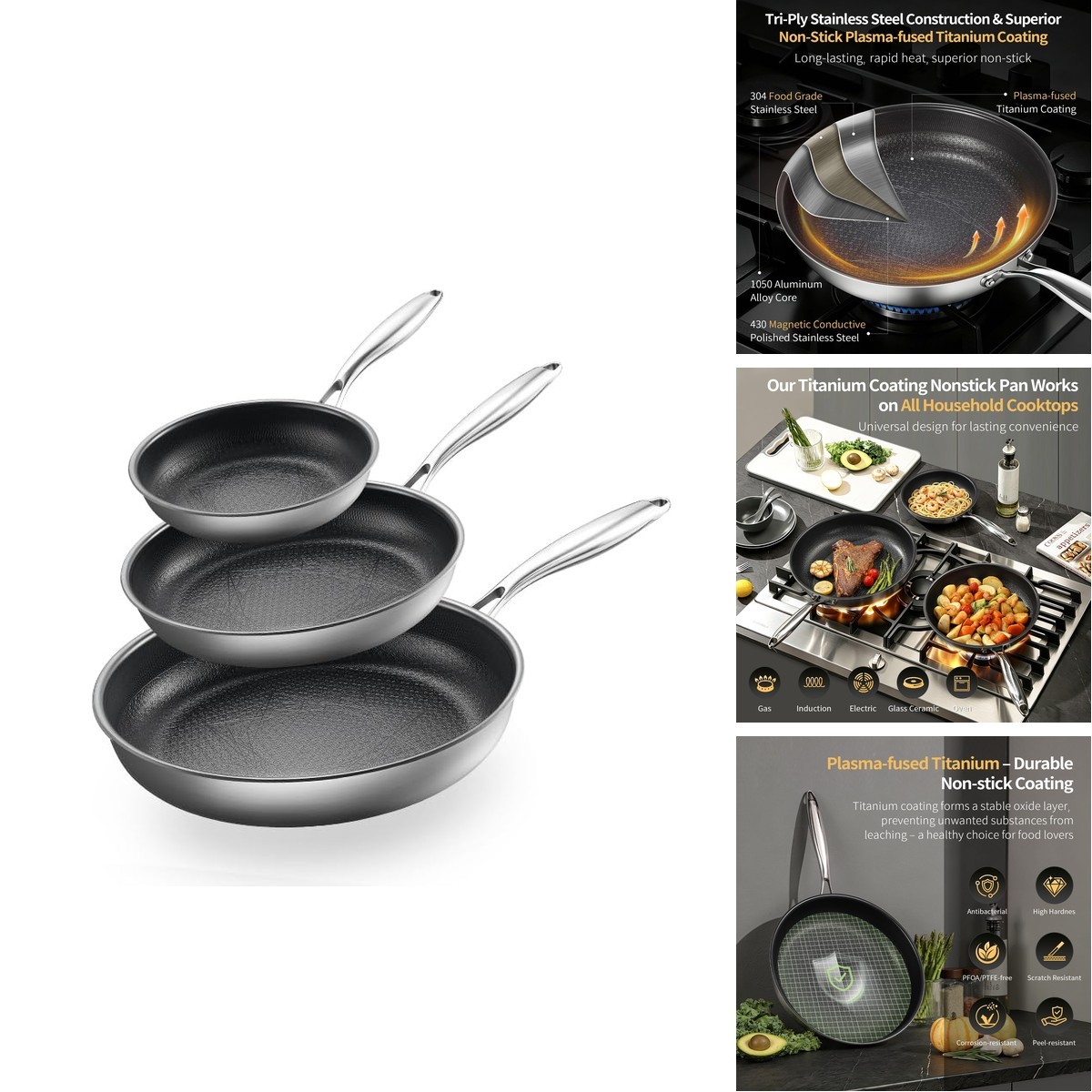 Vocvee 3pc Non Stick Frying Pans Stainless Steel Frying Pan Set 8″+10″+12″