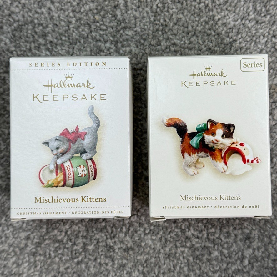 2 Hallmark Mischievous Kittens 2006 & 2008 Ornaments Treat Jar & Santa Cup