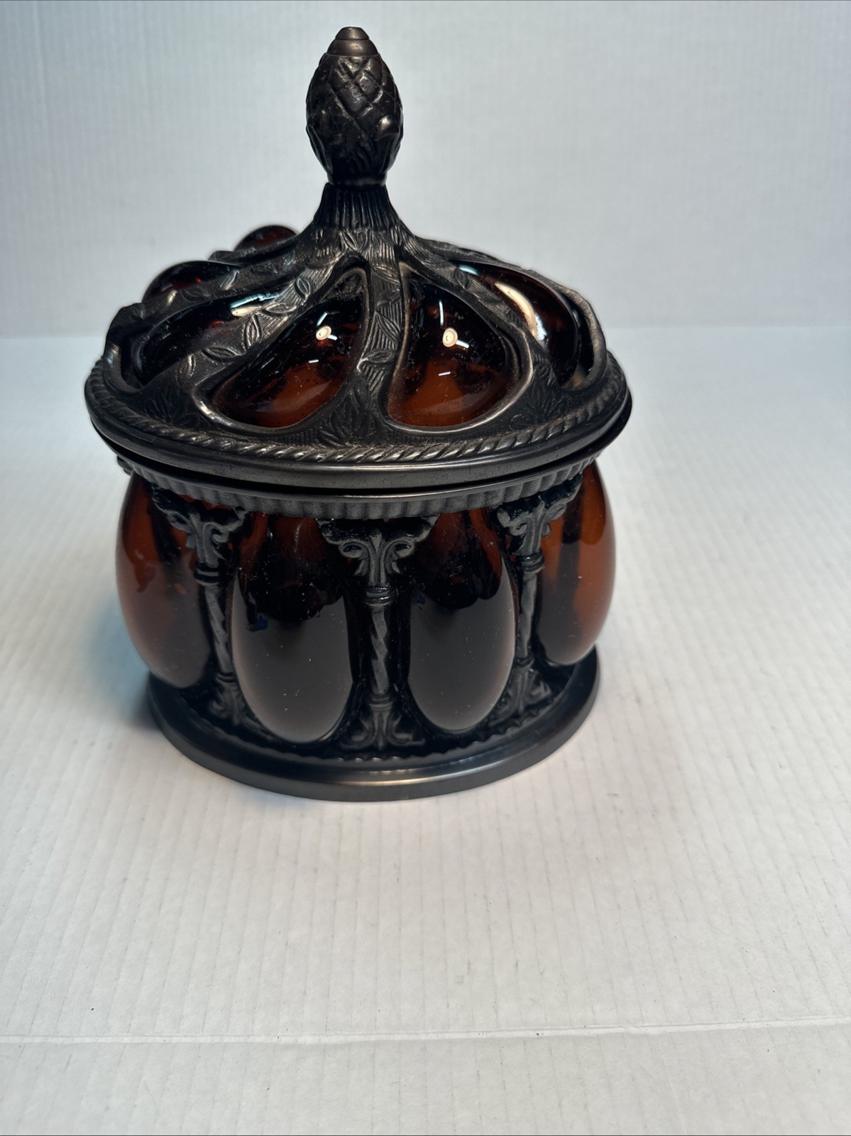 Vintage Baroque Caged Amber Bubble Glass and Brass Apothecary Jar