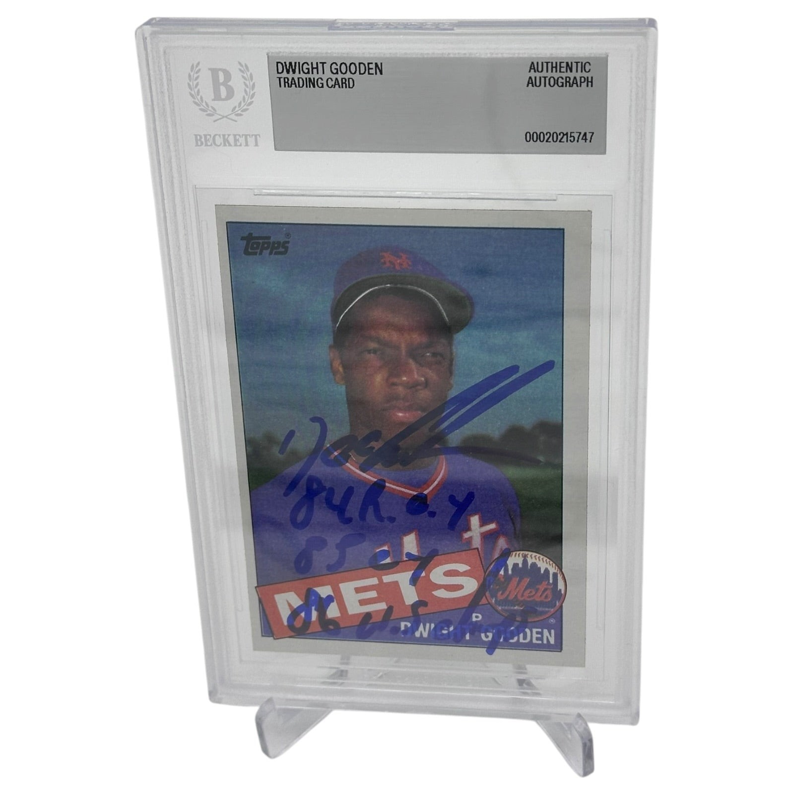 Dwight Gooden Autographed 1985 Topps Rookie Card w/ 84 ROY, 85 CY, 86 WS Champs