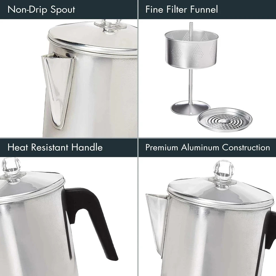 Heavy Duty Stove Top Percolator Coffee Pot Maker Aluminum 9-Cup.
