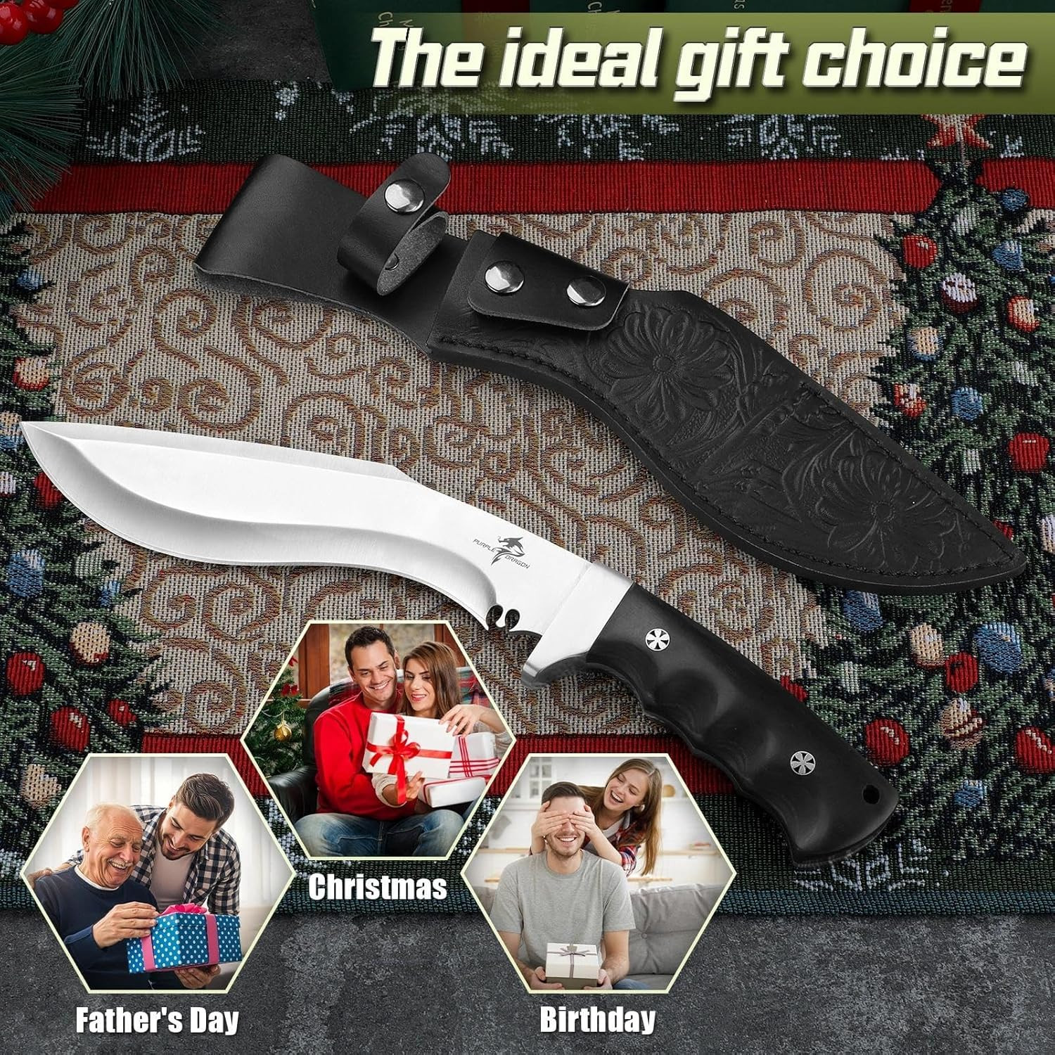 Kukri Knife with Sheath – Heavy Duty Fixed Blade Knife with Full Tang Handle – L
