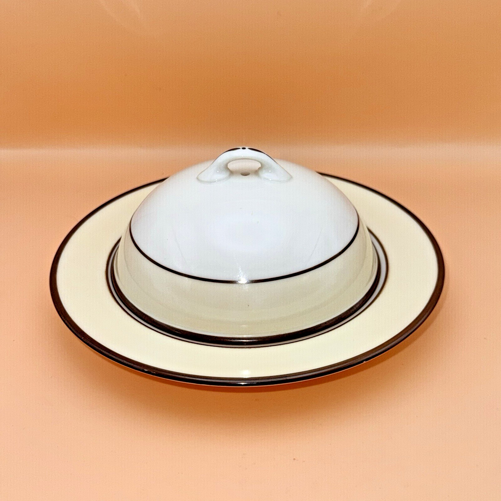 Antique LENOX Round Domed Cream Brown Trim Butter Dish/Server 7.4”D Green Marked