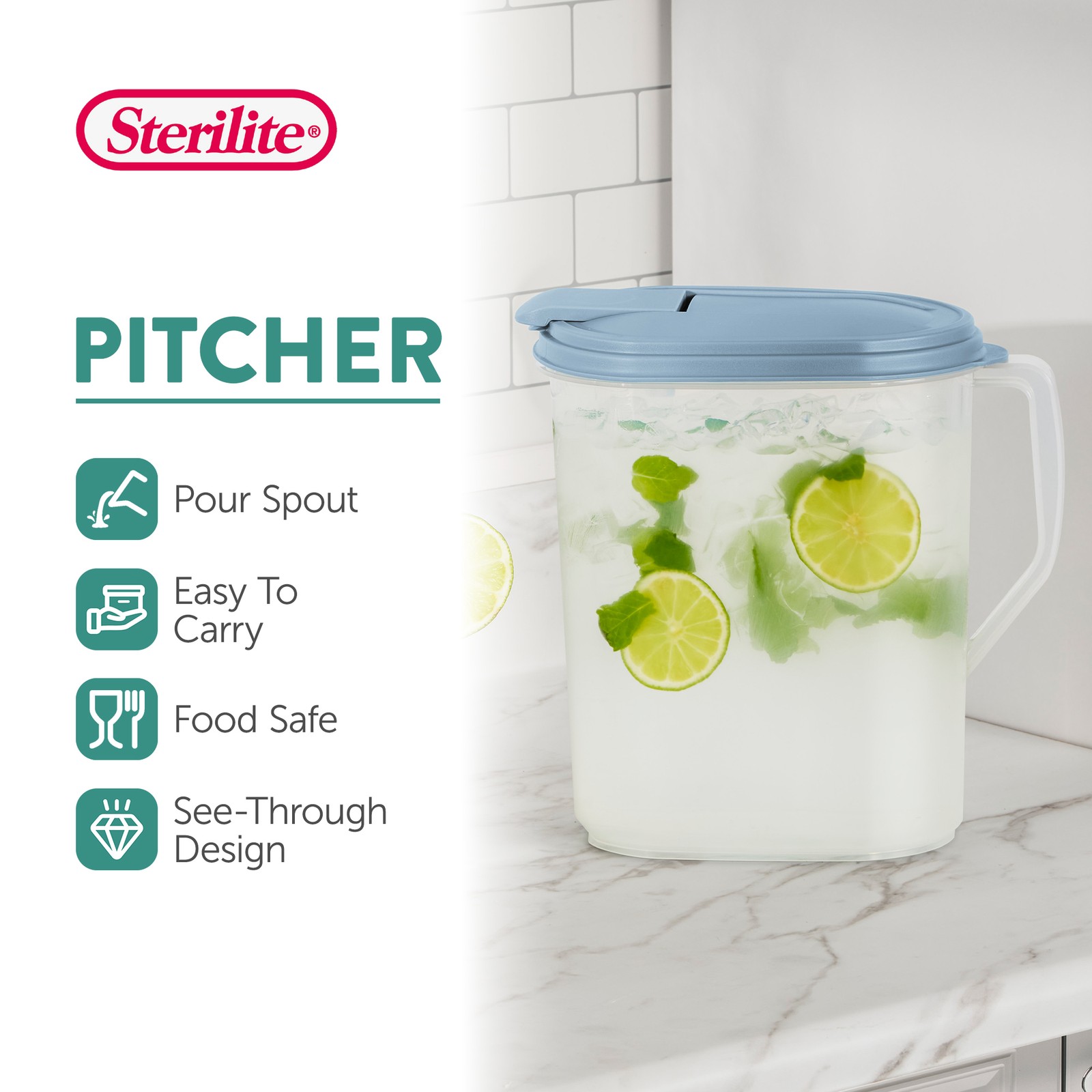 Sterilite 1 Gallon Plastic Hinged Pitcher with Comfort Grip Handle, Blue, 6 Pack