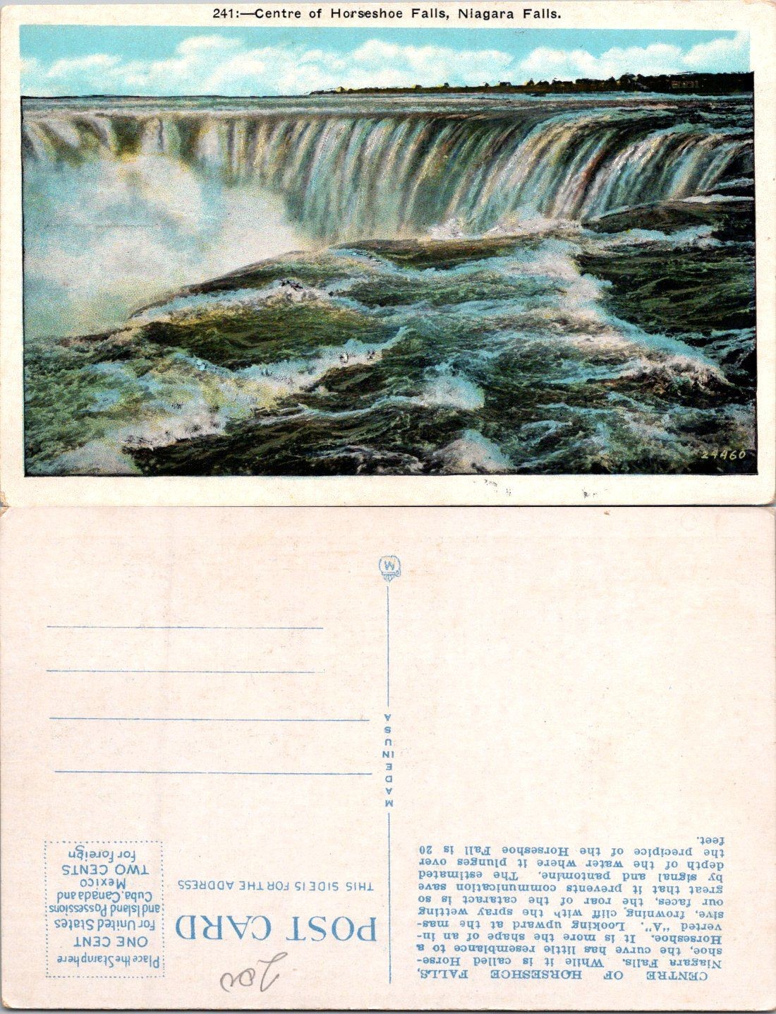 Vintage Niagara Falls Postcard Centre of Horseshoe Falls Divided Back Unused