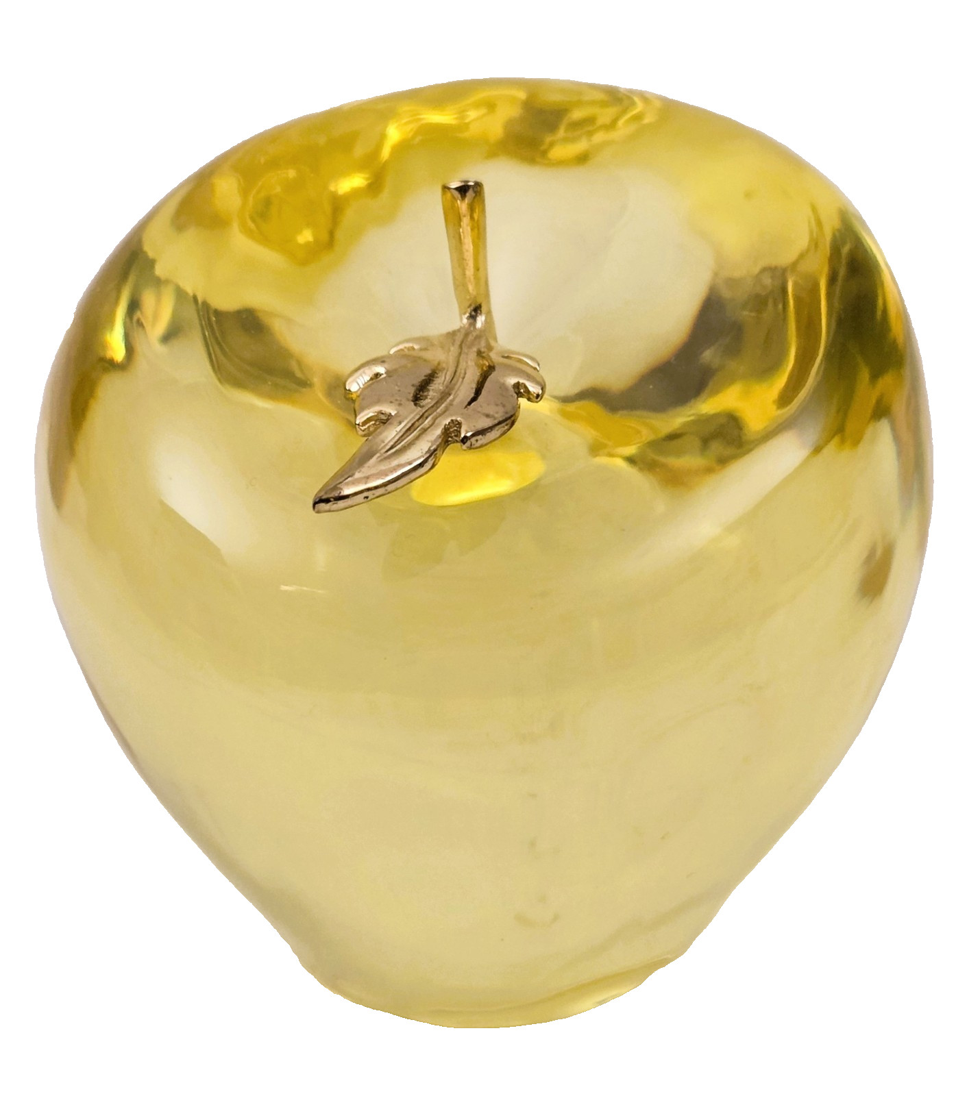 Lucite Acrylic Golden Apple Gold Metal Leaf Stem Fruit Paperweight – 4″ x 3-1/2″