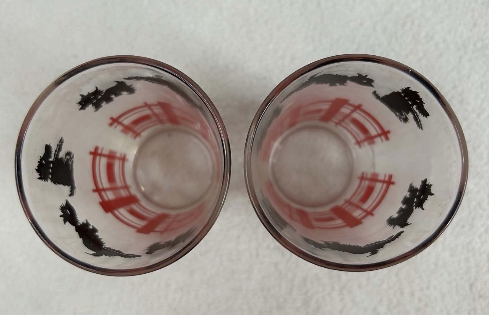 Vintage Federal Glass Scottie Dog Tumblers Set of 2 Red Plaid Tartan MCM 1950s