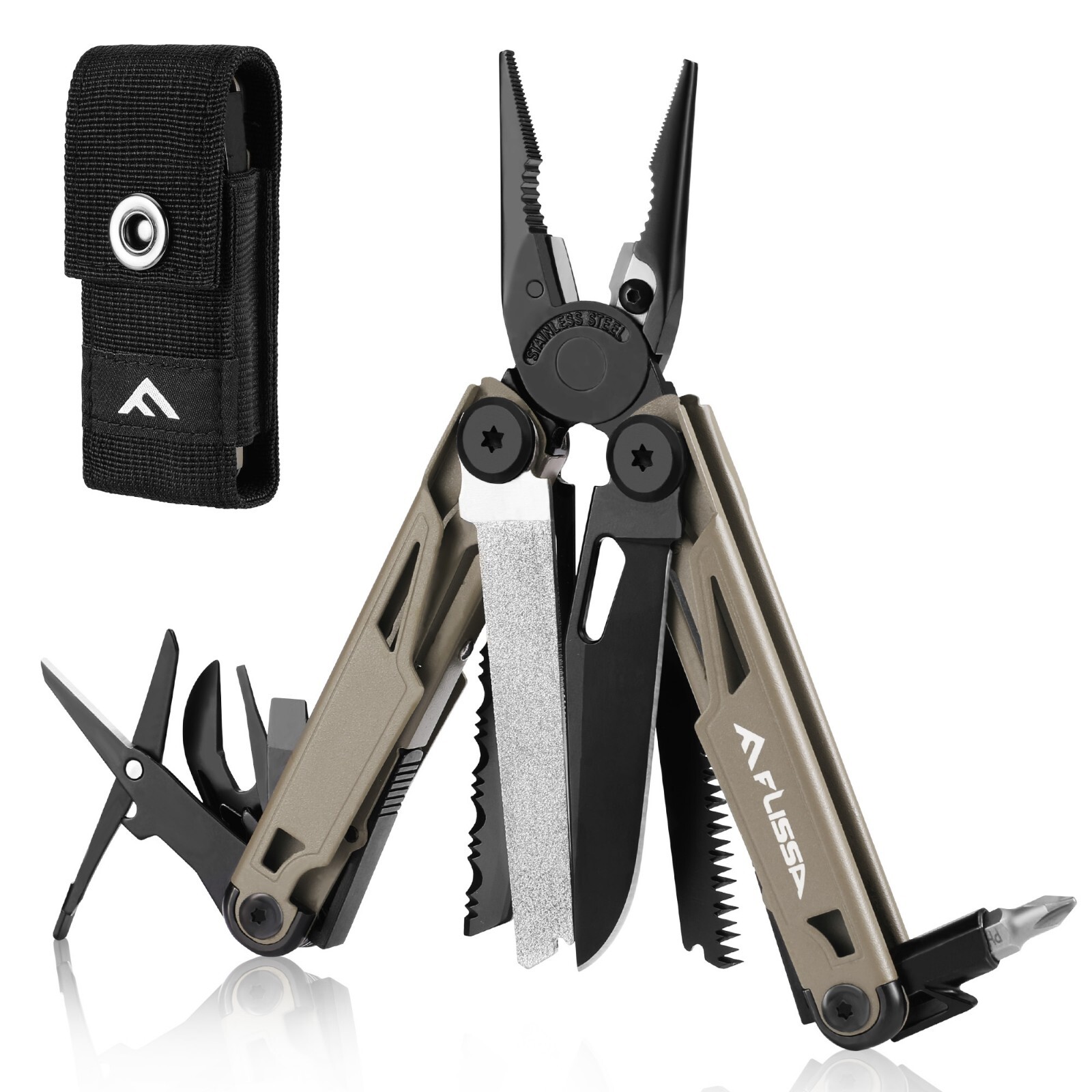 FLISSA 15-in-1/16-in-1/18-in-1 Multi-Color Stainless Steel Multitool with Sheath