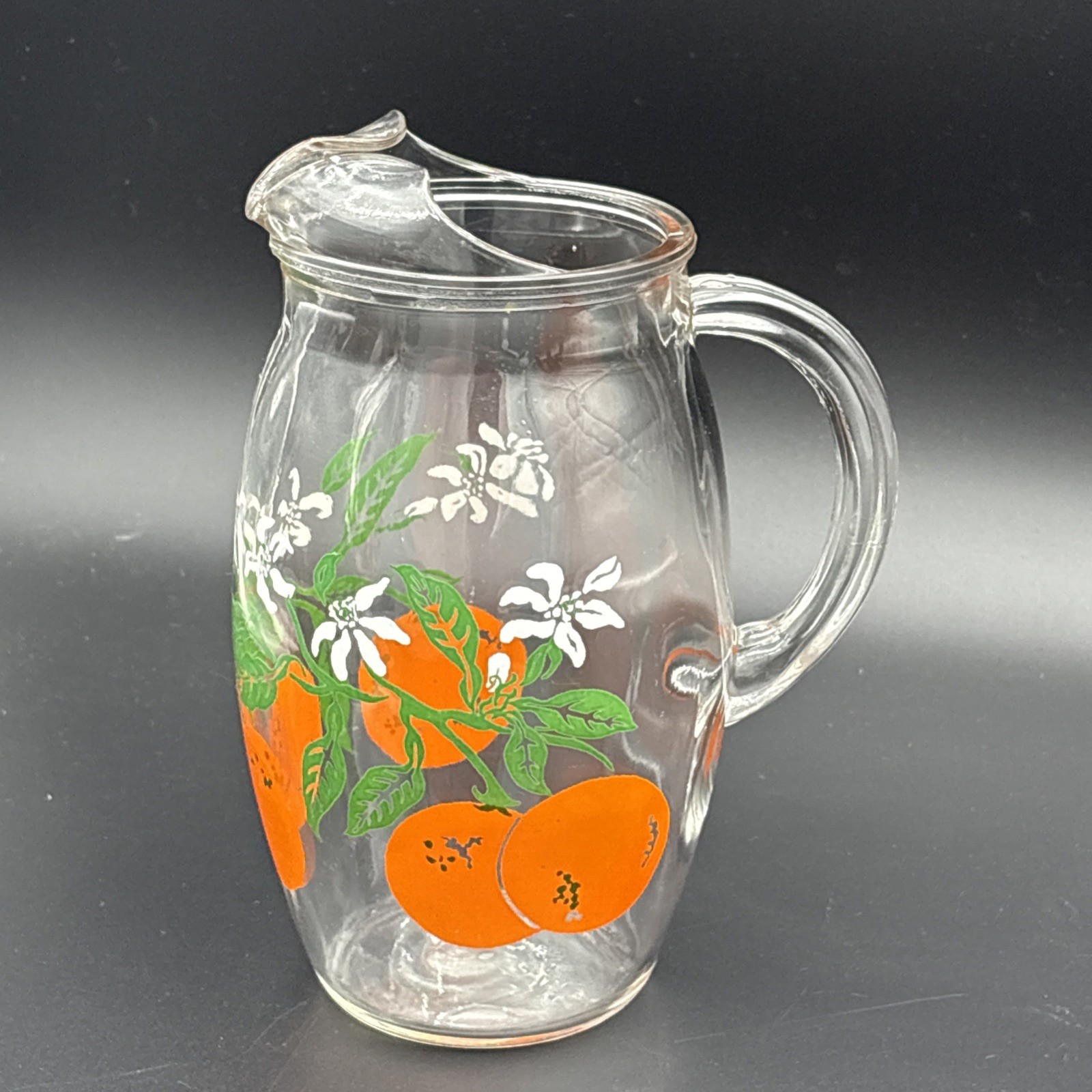 Vintage 1950s Anchor Hocking Orange Blossom Glass Juice Pitcher 8.5″ Handled