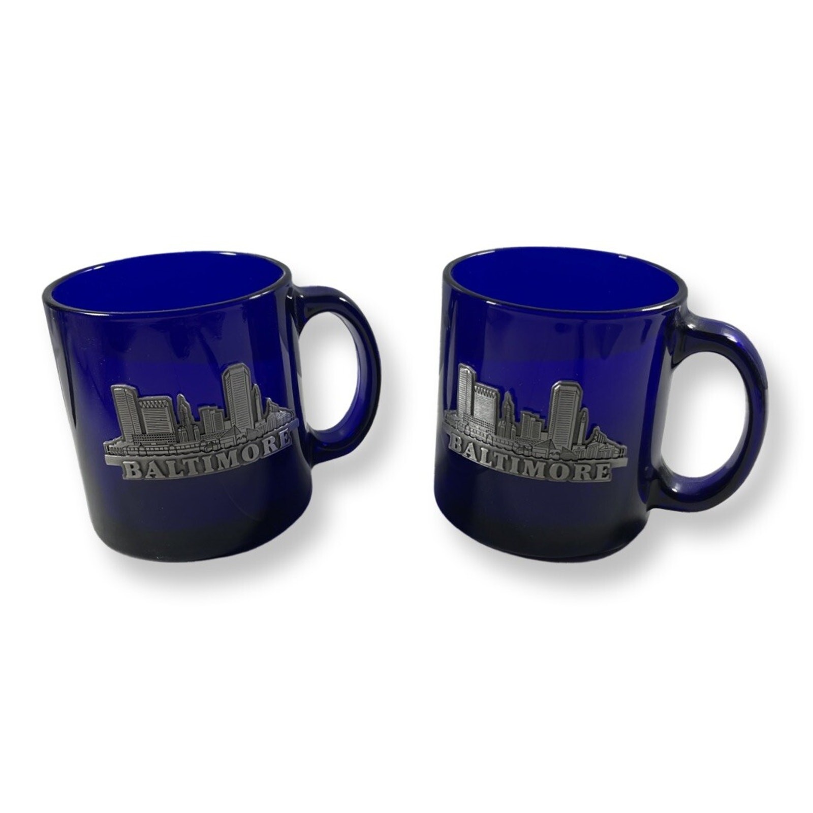 VINTAGE – COBALT BLUE GLASS MUG Set Of 2 WITH METAL BALTIMORE