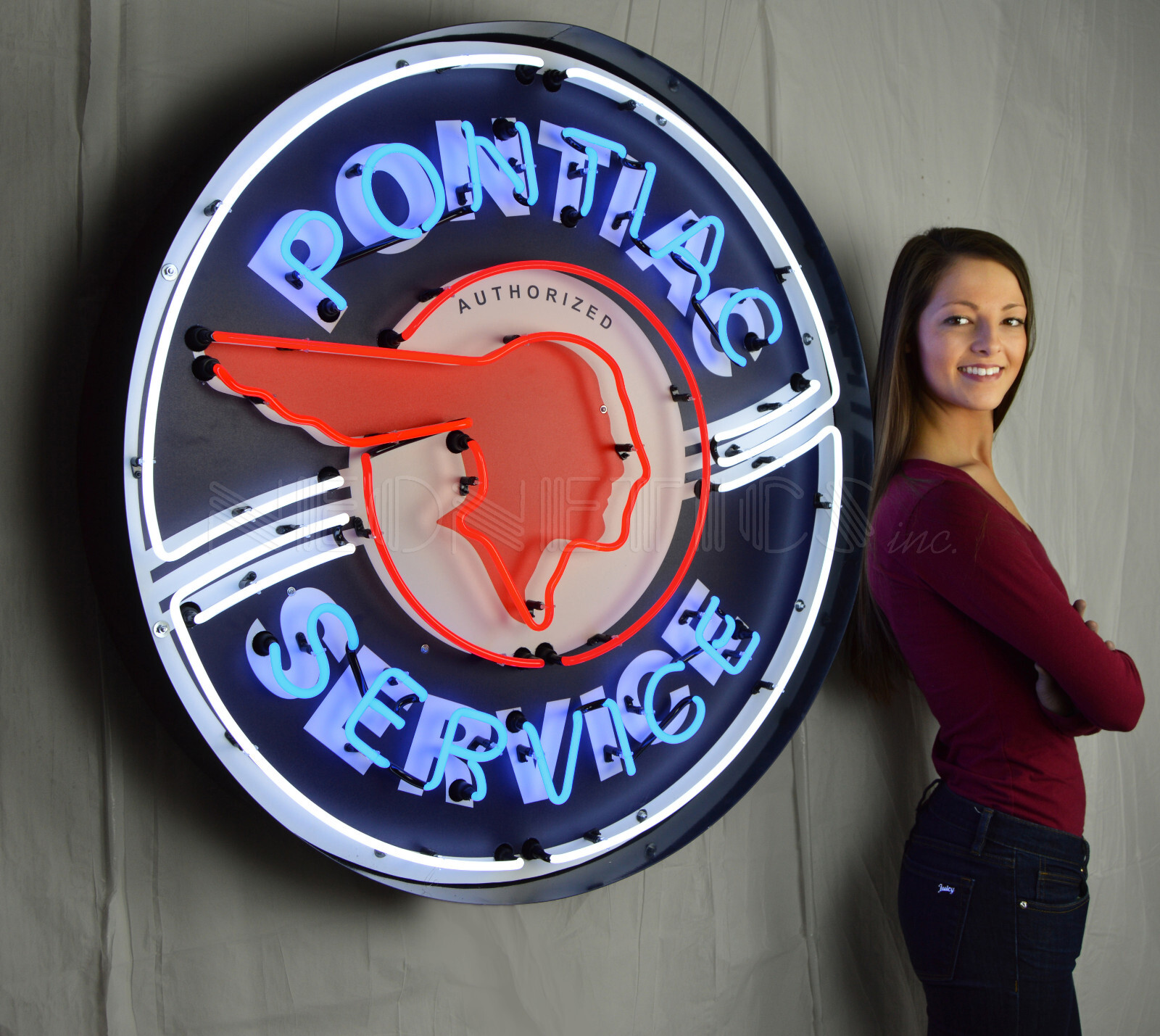 Neon Sign Pontiac Indian head in Steel Case GM 36″ GTO Garage wall lamp light