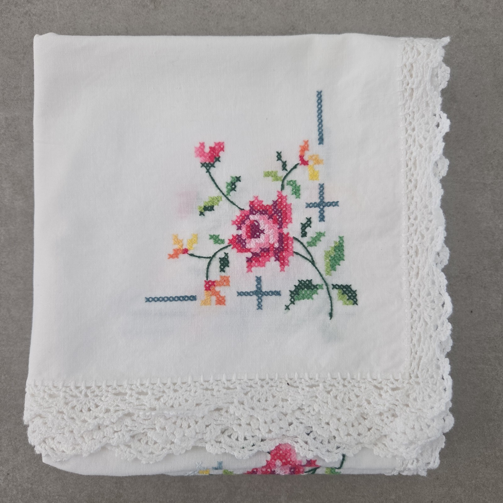 Perfect Condition Vintage Hand Embroidered Square Tablecloth 80cm Matrix Floral