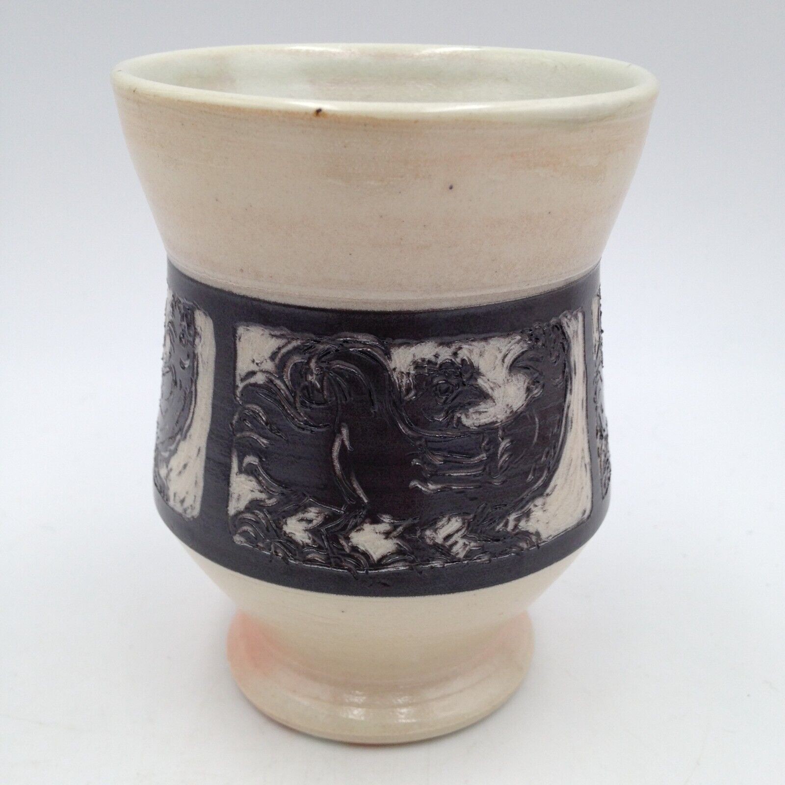 Studio Art Pottery Sgraffito Chickens Rooster Salt Glazed Cup Mug Artist Signed