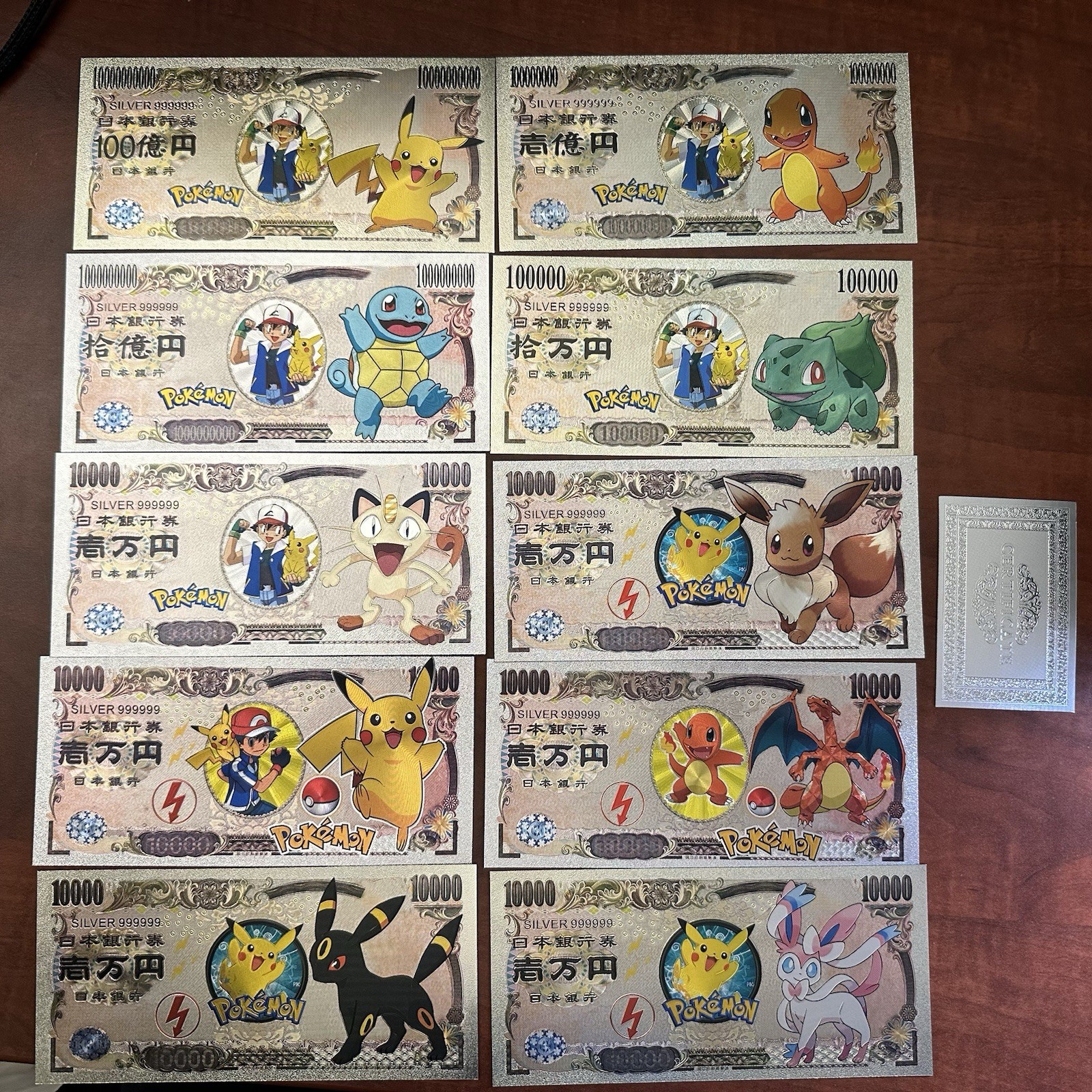 0.999 Silver Foil Plated Pokemon Banknote Pikachu Collection 10 PCS Great Gift!
