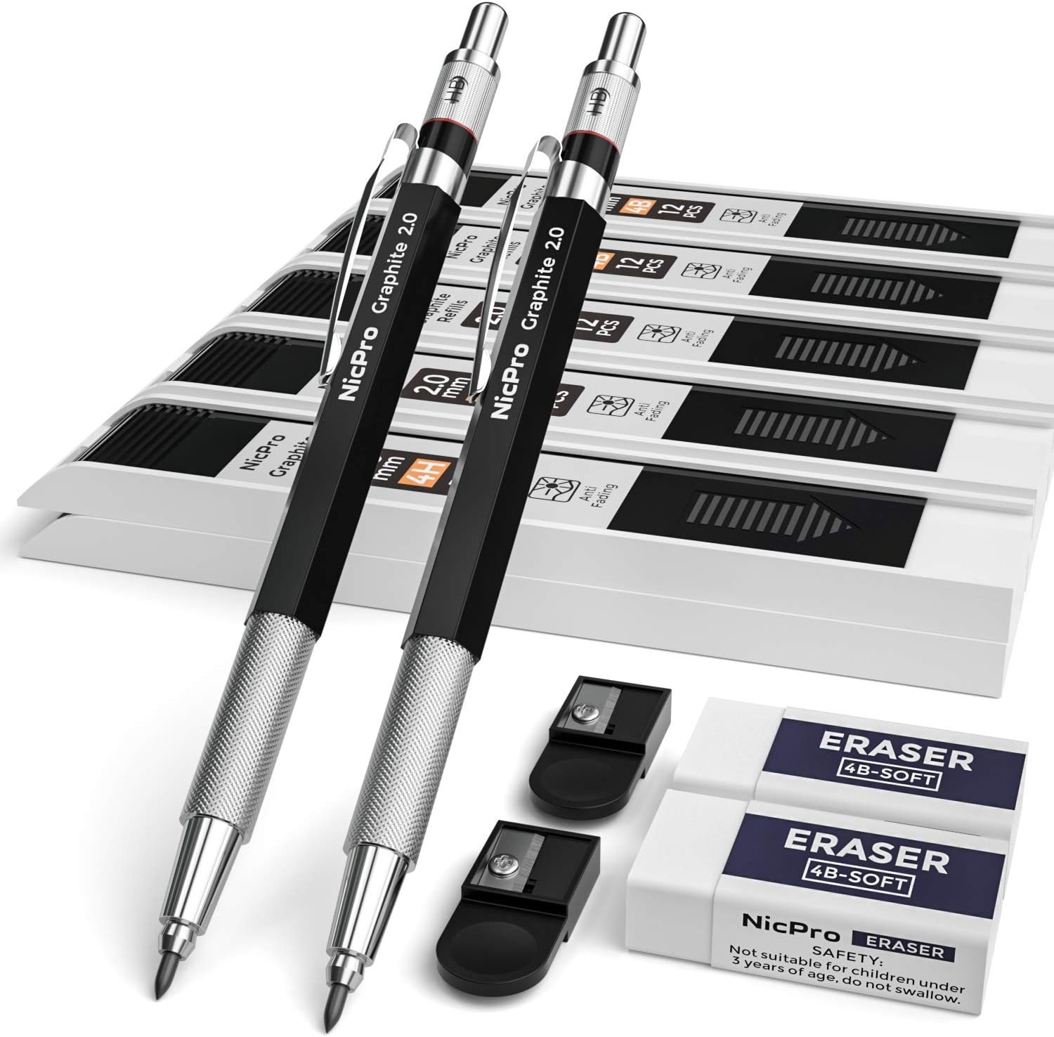 Nicpro 2mm Metal Mechanical Pencil Set, 2PCS Lead Holder 2.0 mm 2 Pack, Black