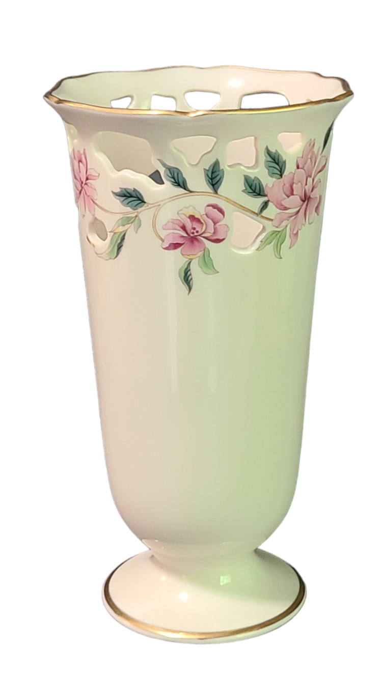 Lenox Painted Flowers Pierced Top Fine Porcelain Vase 8.5” High USA