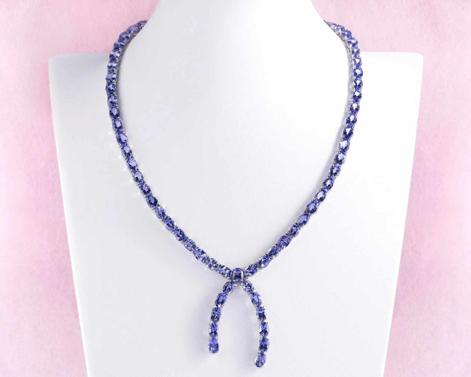 34.77 Ct Violetish Blue Tanzanite Eye Clean Oval 14K White Gold Over 16″Necklace