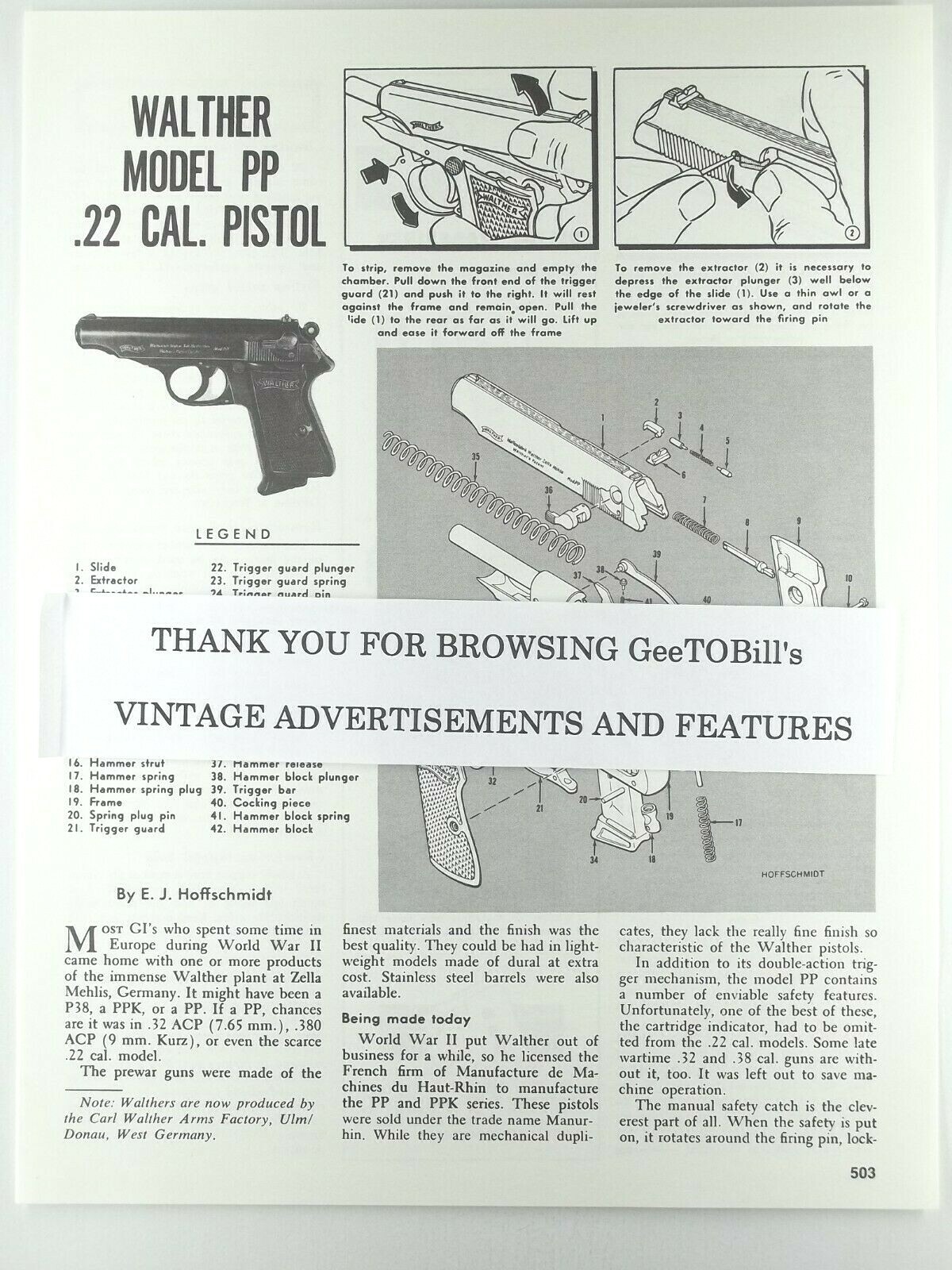 1930 1935 1937 1940 1942 1944 Walther PP.22 Pistol 1980’s disassembly feature