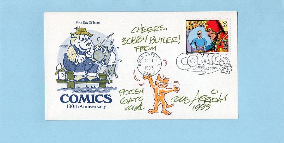 GUS ARRIOLA signed Flash Gordon FDC w/ sketch of POOSY GATO (Comics 100th) dated
