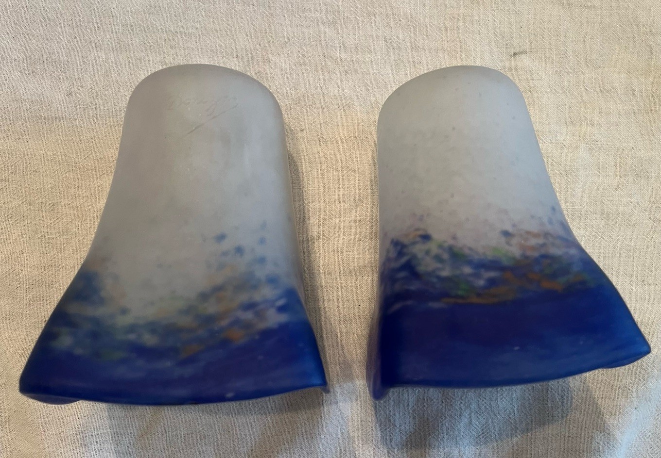 GREAT Pair of Signed French Blue Mottled Art Glass Lamp Shades 5-1/4” Tall
