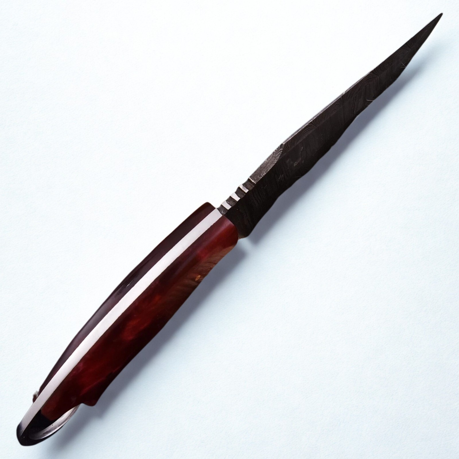 10″ Damascus Fixed Blade Boot Knife Red Resin Handle Bushcraft EDC w/ Sheath