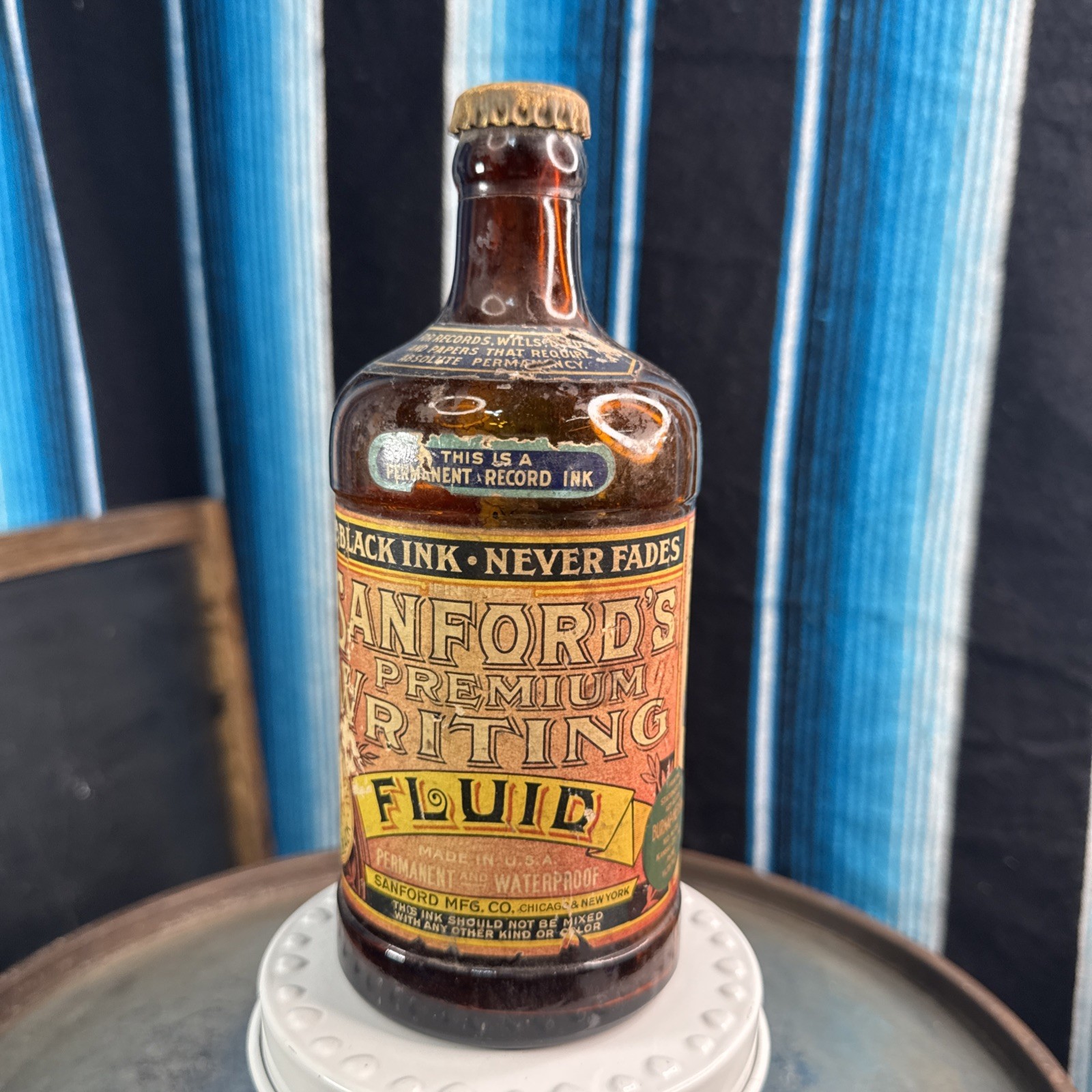 Sanfords Early 20TH Cen Premium Fluid Blue/Black Ink, Original Paper Label-Read