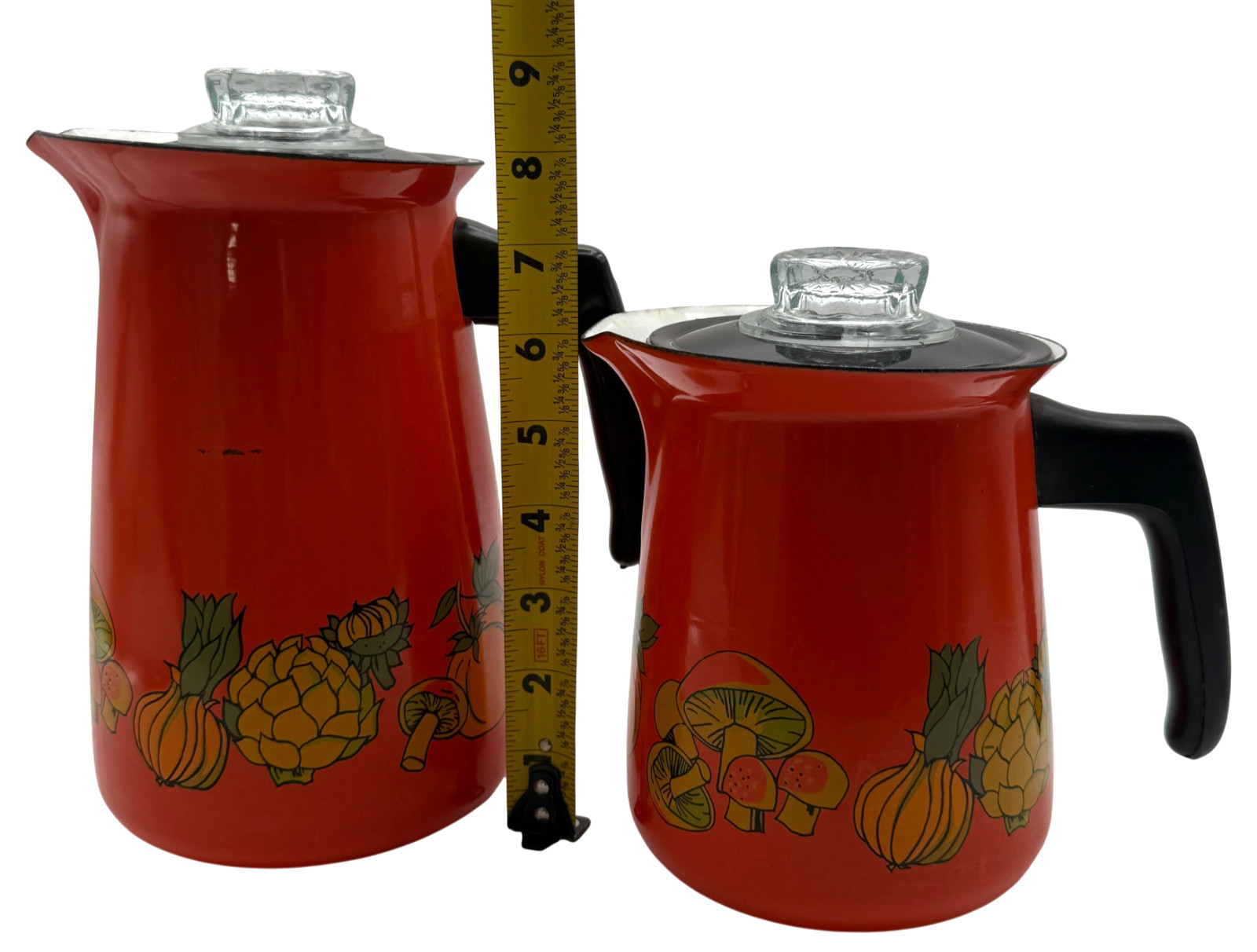 Set of 2 Vintage Mushroom Enamelware Percolator Stove Top Coffee Pot Complete