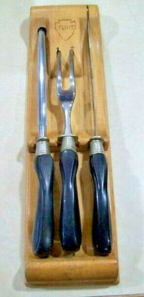 Vtg Meat Carving Set 11″ Flint Fork 14 1/2″ Knife 14″ Sharpener in Wood Block
