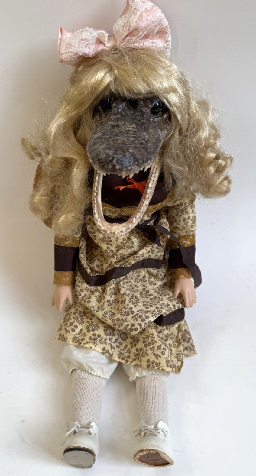 Vintage Taxidermy Alligator Head Porcelain Art Doll, Oddity Conversation Piece,