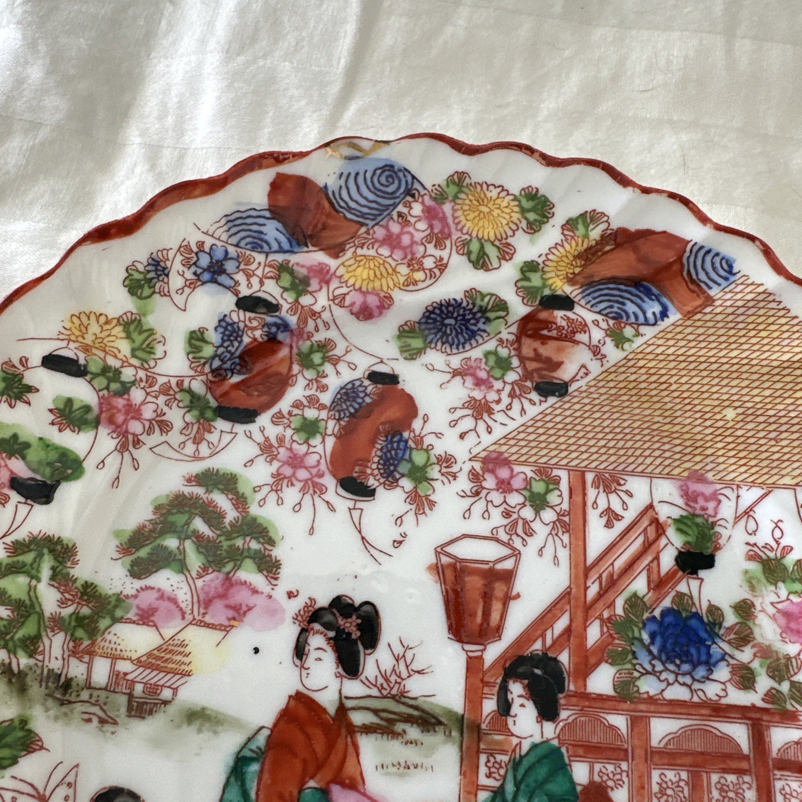 Vintage Japanese Eggshell Porcelain Plate Geisha 7 3/8″ Hand Painted Round