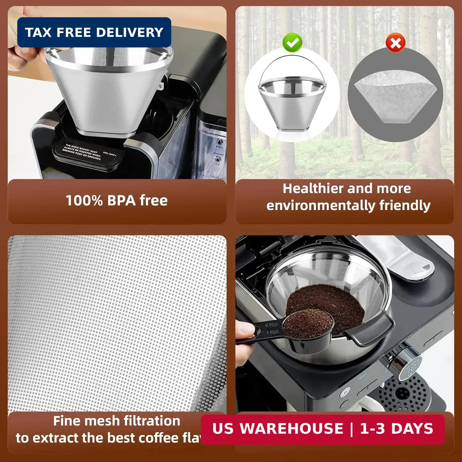 Reusable Cone Coffee Filters 4，304 Stainless Steel Permanent Coffee Filter，Perma