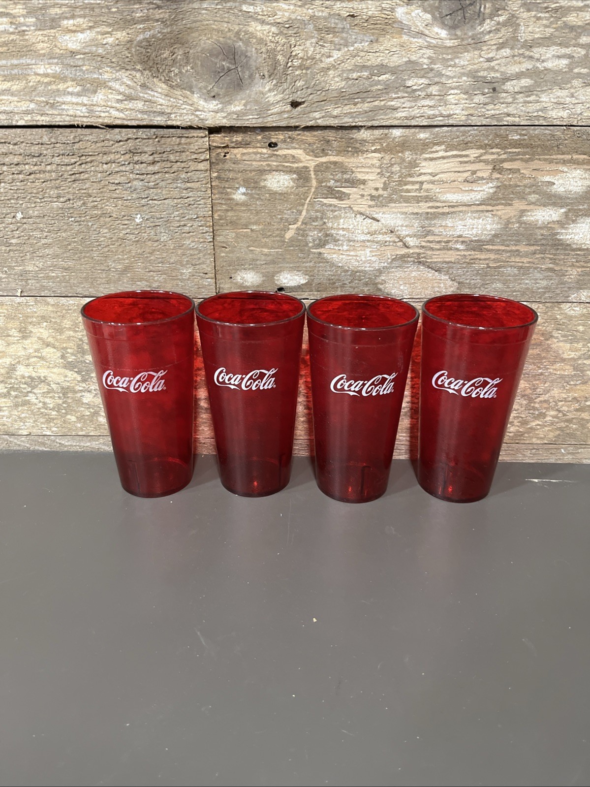 Vtg Lot of 4 Coca-Cola Red Plastic Restaurant Glasses 7.5″ Cups Advertising 24oz