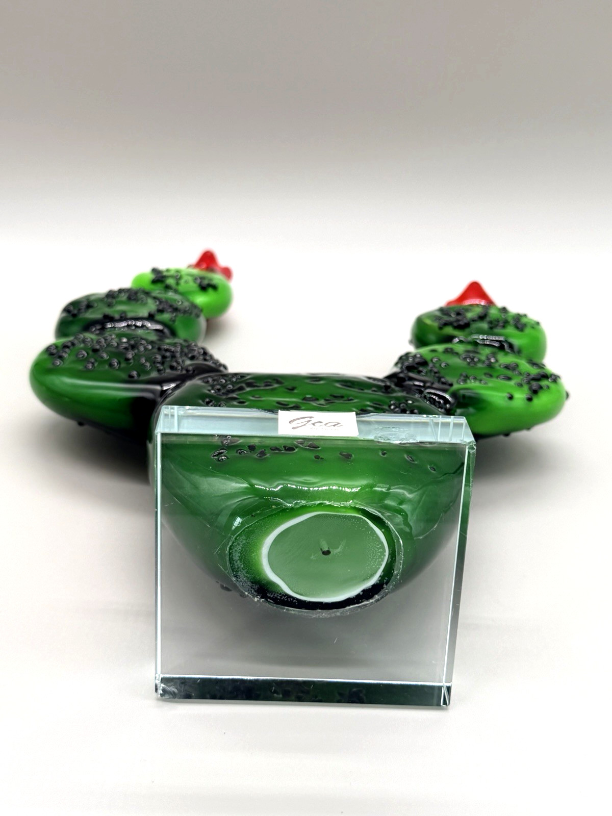GCA Art Glass Prickly Pear Cactus Sculpture Murano Style Green Red Flower 12.5″