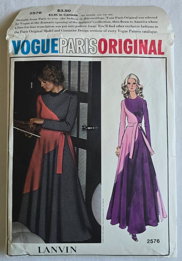 Vogue 2576 LANVIN dress size 14, 1971 Paris Original, cut but complete, 2 color