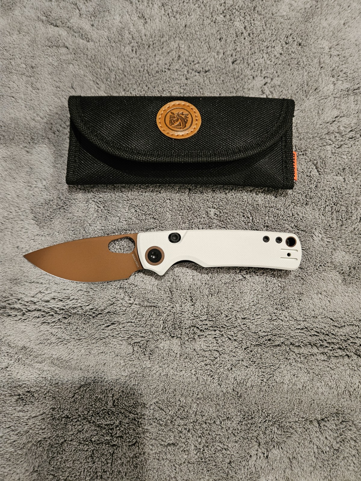 Custom Vosteed Porcupine Top Liner, Copper Dune 154CM Blade, White G10 Scales