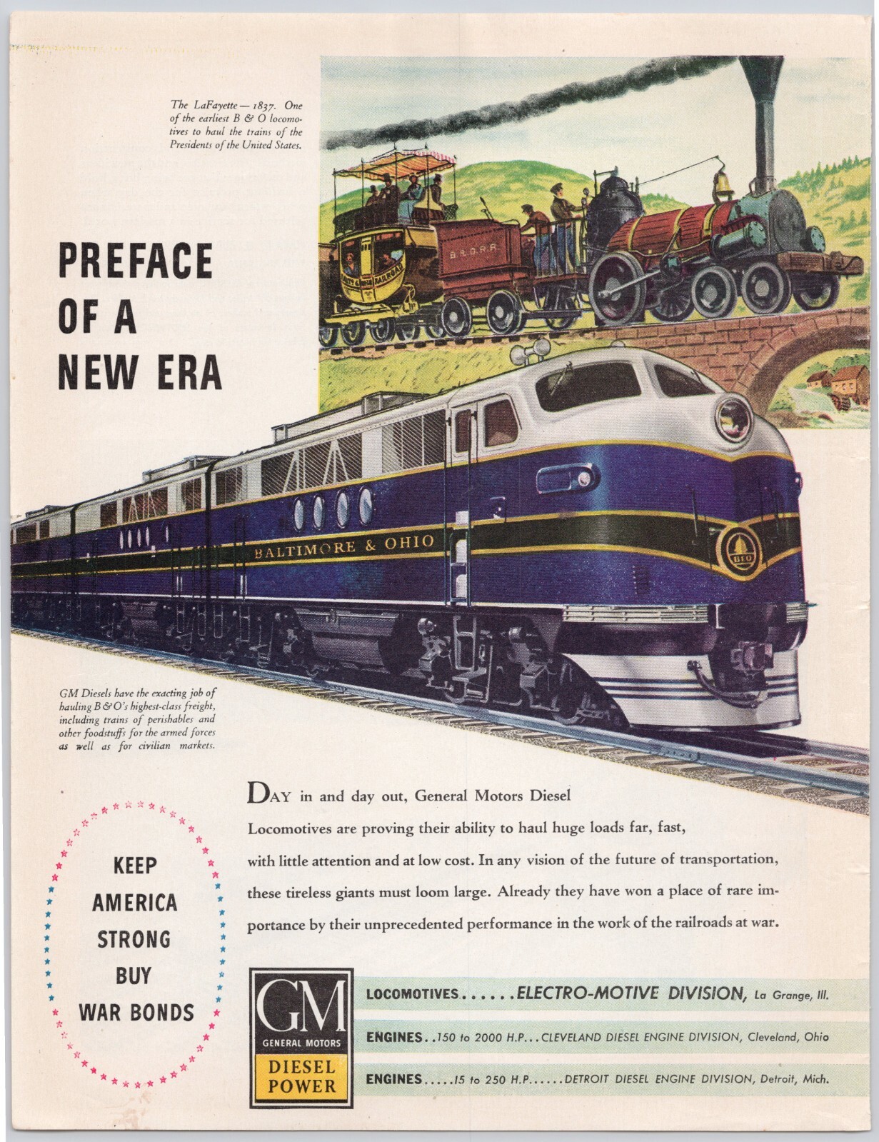 General Motors Diesel Power Locomotive B&O Railroad Print Ad 1944