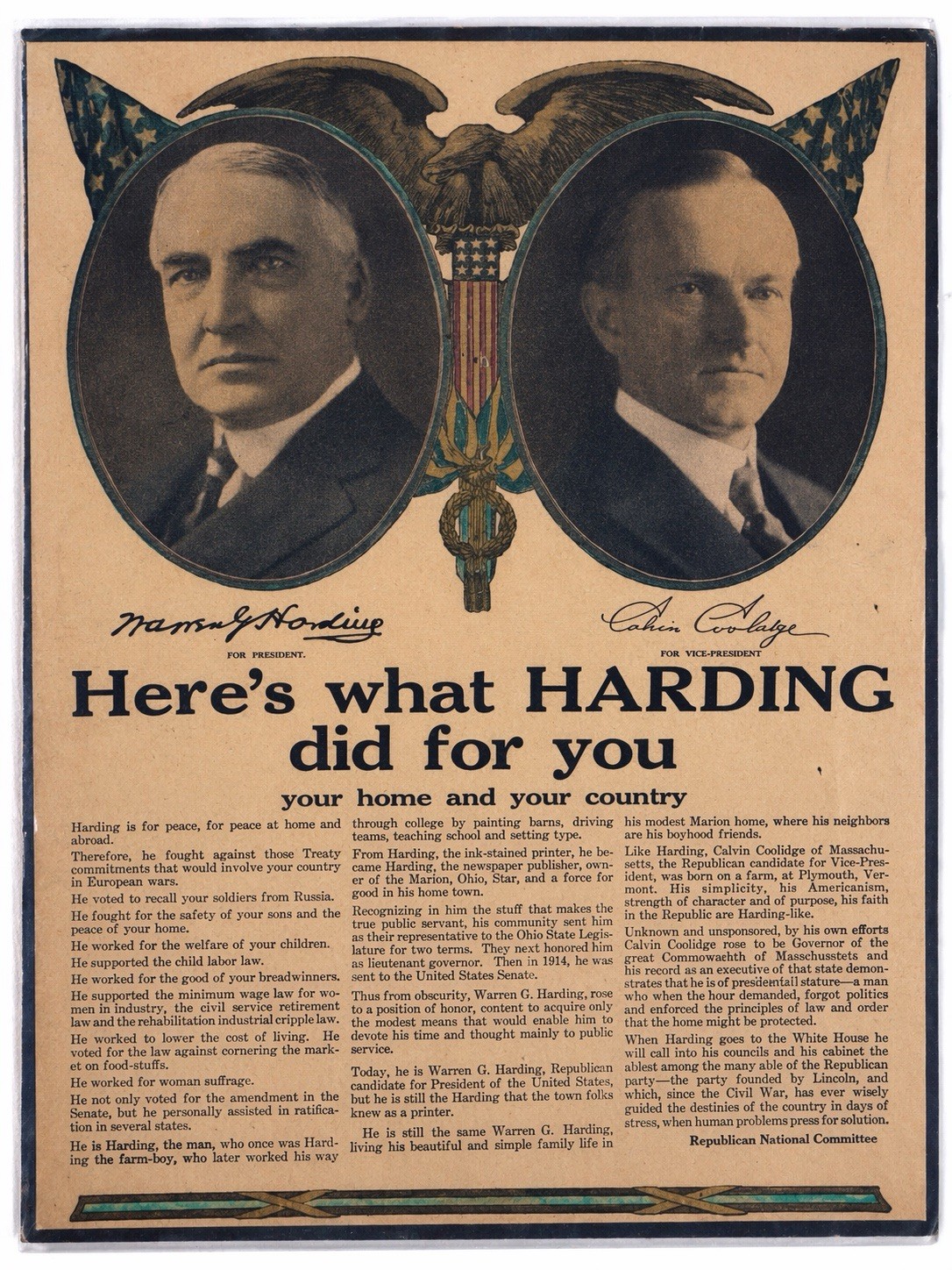 Harding Coolidge 1920 Campaign Poster Paper US Political Memorabilia Presidents
