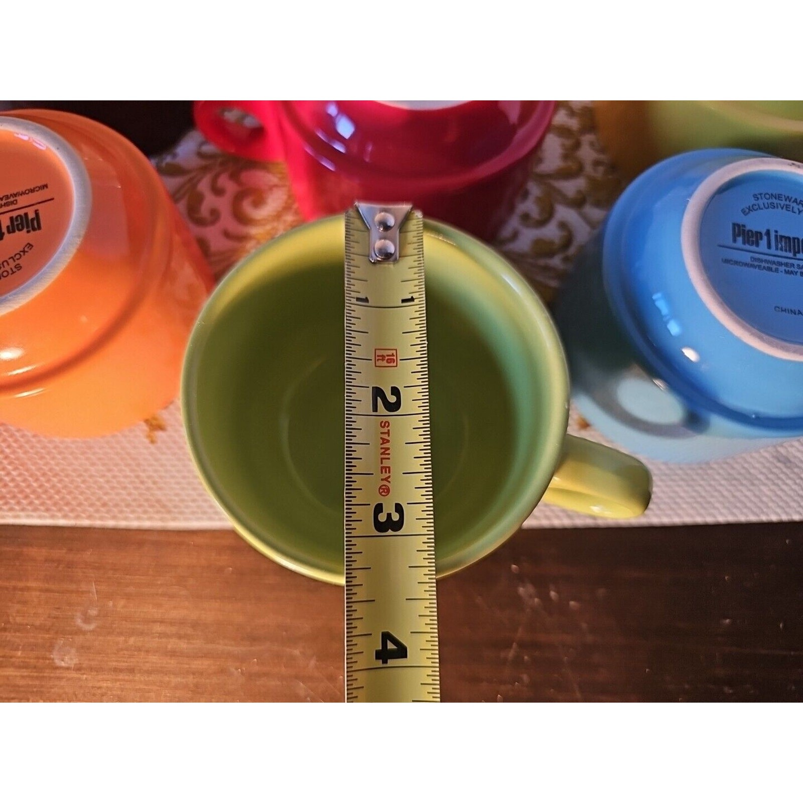 Pier One Rainbow Tea coffee cup stack, Silver Metal Slide In Stand, 6 Cups
