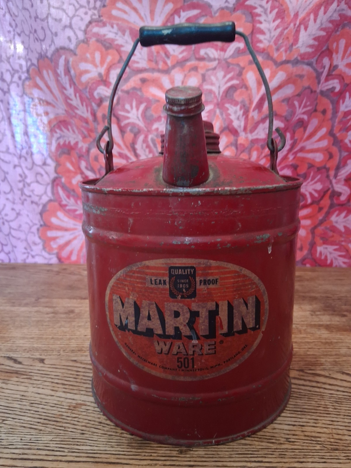 Antique 1930s Martin Ware 501 Gas Or Kerosene Can Red Metal General Metalware Co