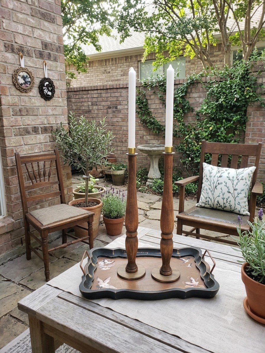 MCM style wooden candlestick holders tall turned-wood design rustic brown finish
