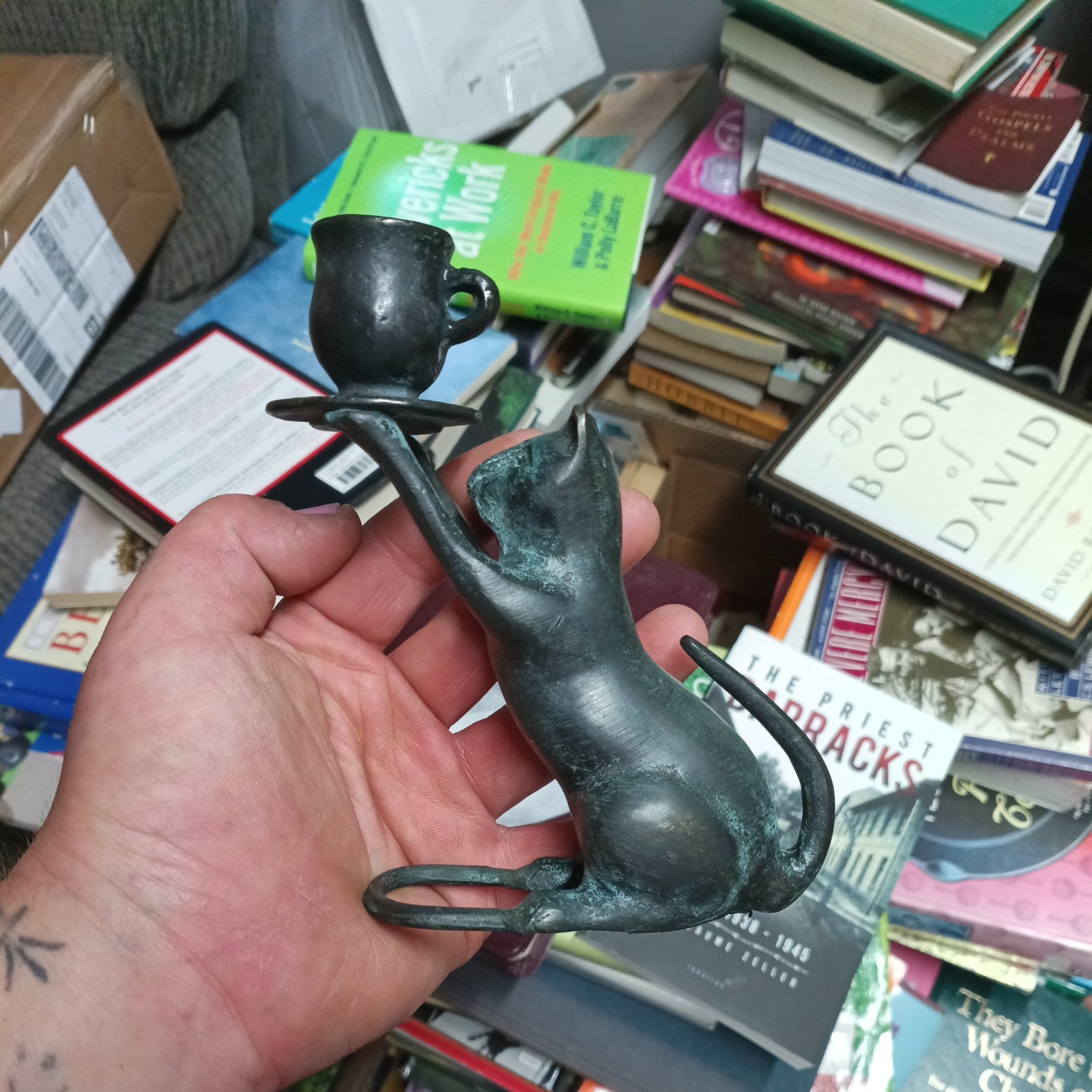 Vintage Bronze Cat Holding Tea Cup Candle Holder