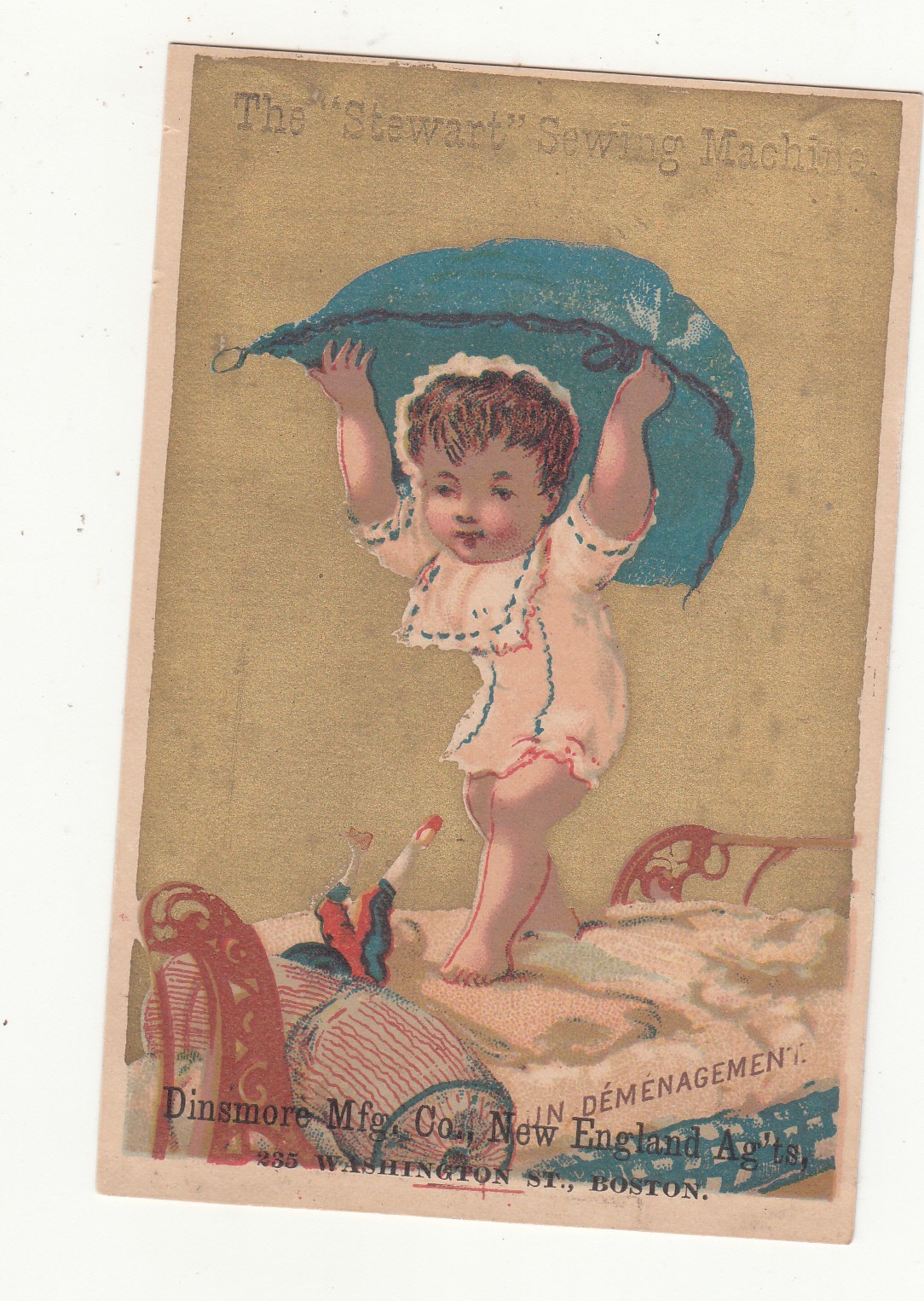 Stewart Sewing Machine Dinsmore Mfg Toddler Parachute on Bed Vict Card c1880s