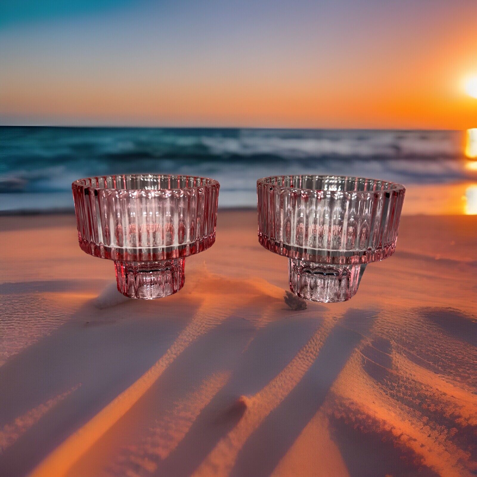 Reversible Ribbed Glass Candle Holders Tealight to Taper Rosy Pink, Set of 2