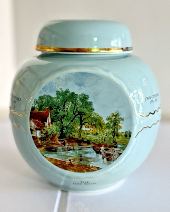 Vintage Twinings Light Blue Ceramic Tea Caddy Jar with John Contstable Painting