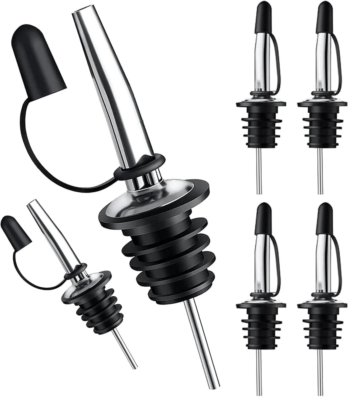 6 Pack Stainless Steel Liquor Bottle Pourers with Dust Caps Bar Spout Set