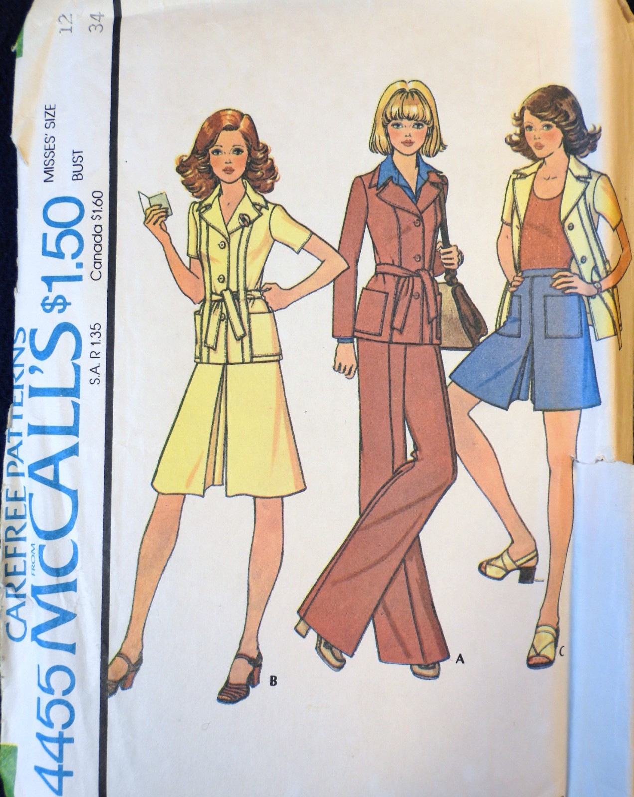 Vtg 1970s McCall 4455 Pantskirt Belted Jacket Pants SEWING PATTERN 12 FF UnCUT