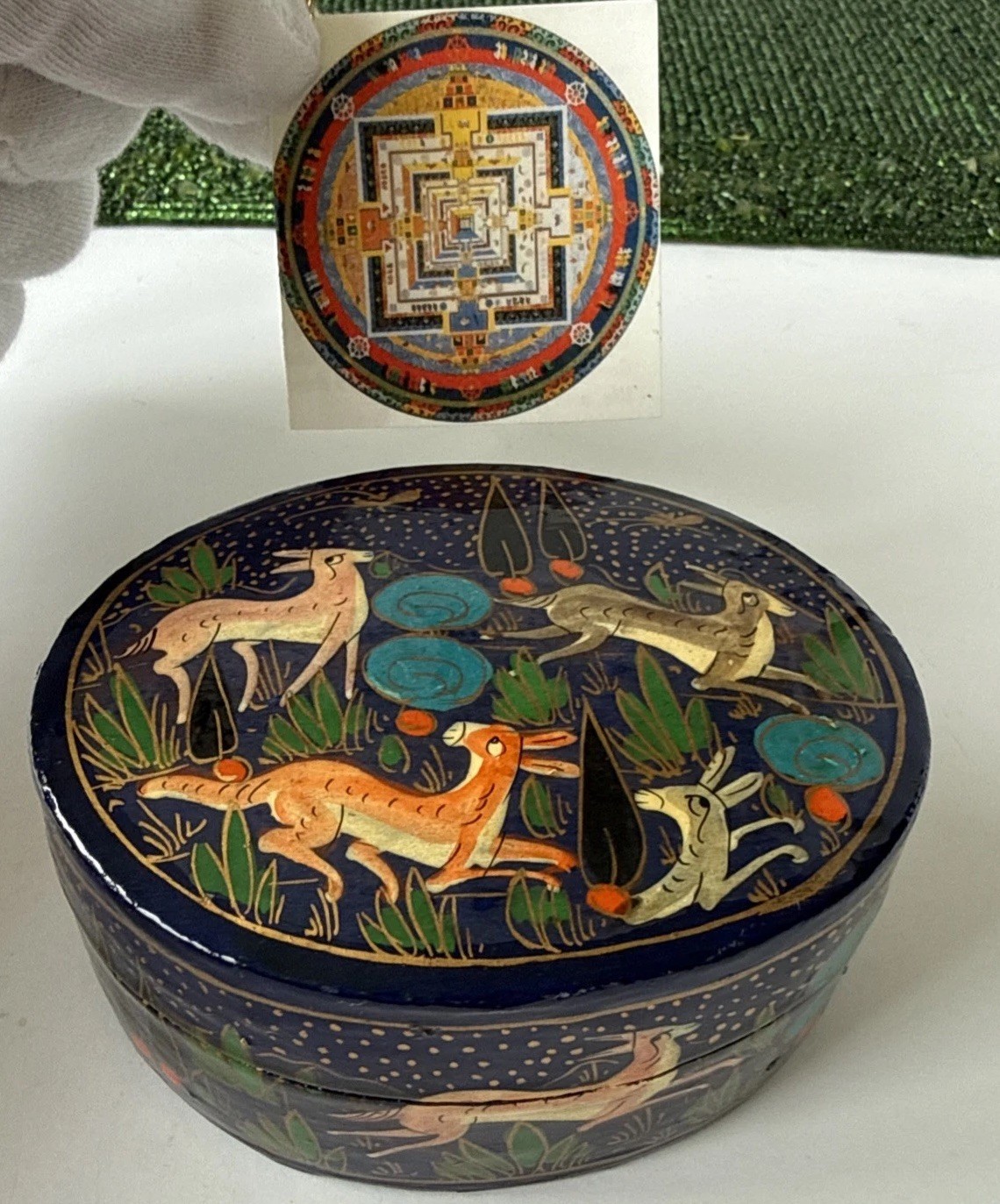 Animal Theme Oval Papermache Karakoram Lacquer Box with Tag