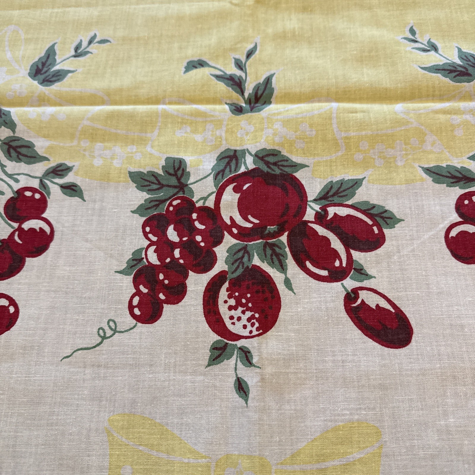 Printed Tablecloth Yellow Dark Red Cherries Strawberry 66×50 Vintage Bright