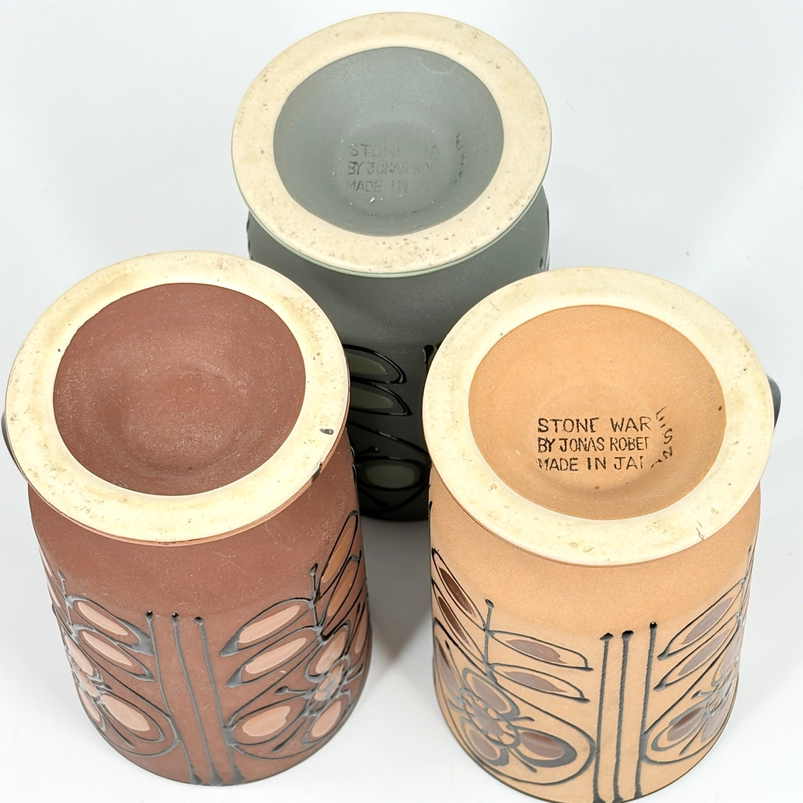 Jonas Roberts Stoneware Mugs Matte Painted Footed Pedastal Cups 3 Pc Brown Green